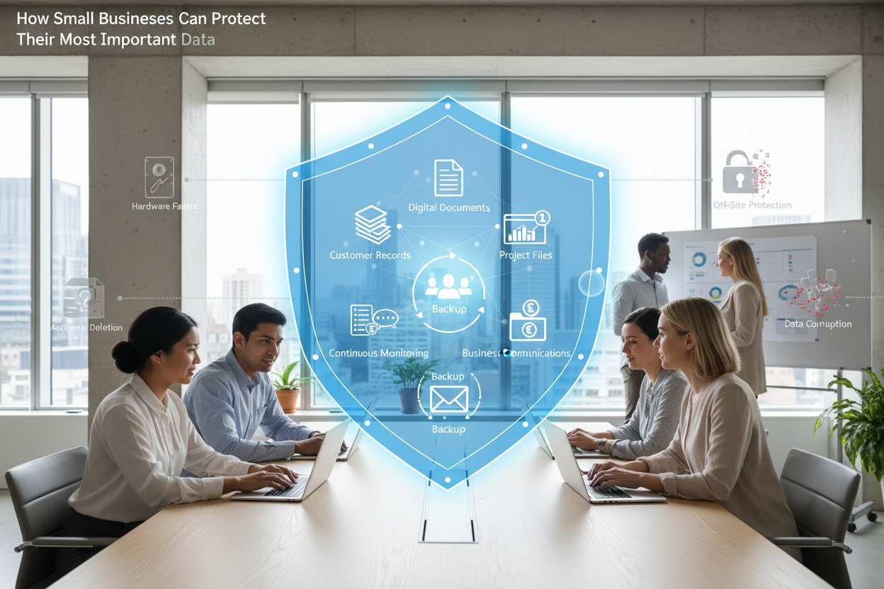 A diverse group of professionals works on laptops in a modern office, with a digital shield graphic overlaying the scene to illustrate data protection concepts like backups, monitoring, and file security.