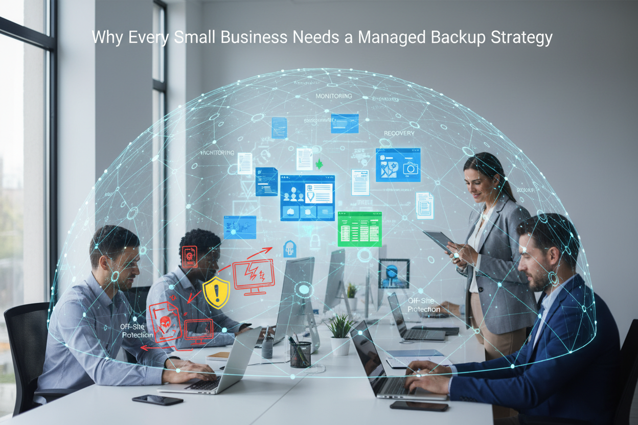 A team of professionals works at laptops in an office under a digital dome graphic representing data protection and managed backup services.