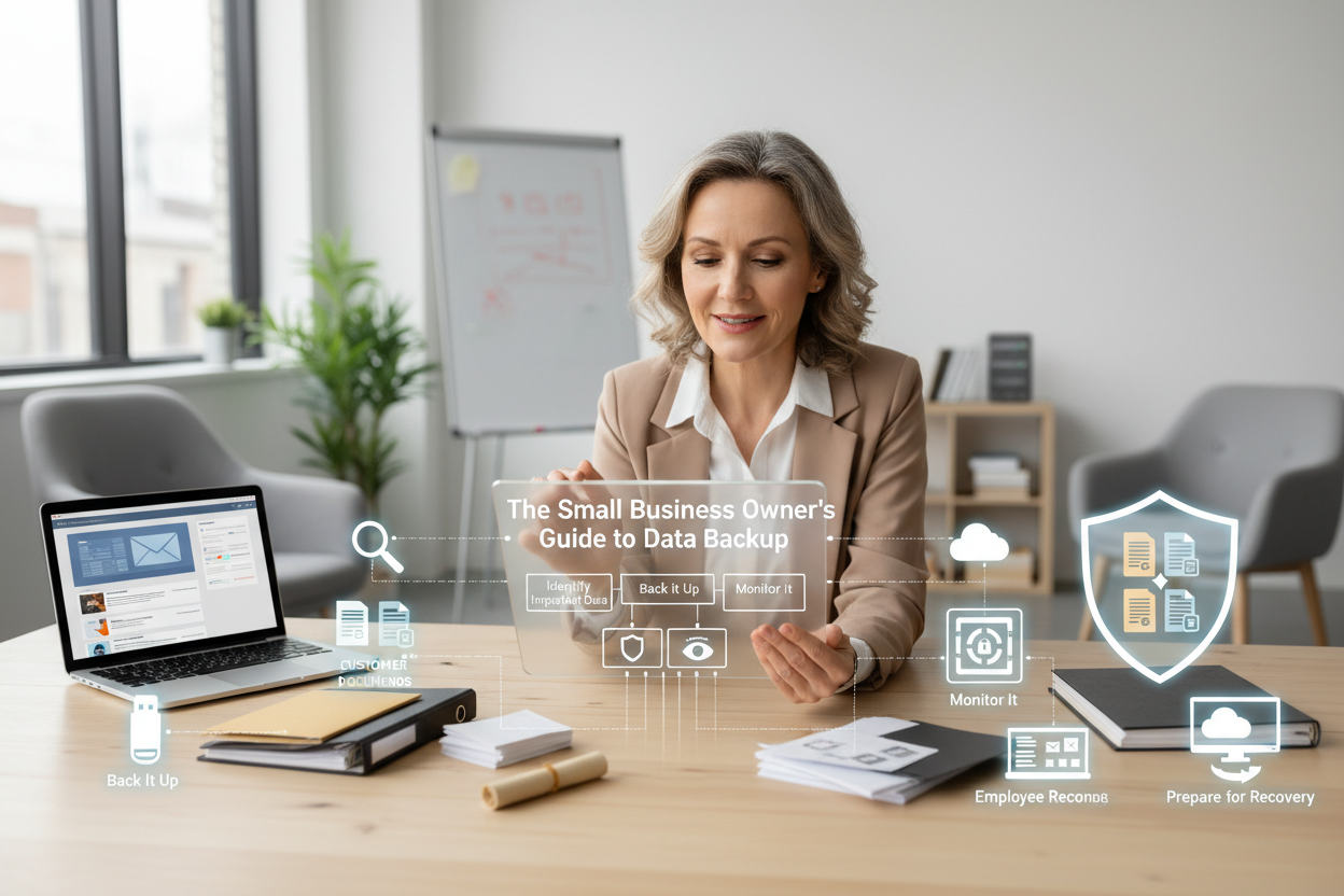A professional woman sits at a desk interacting with a digital interface displaying a guide to data backup surrounded by icons for monitoring, recovery, and document management.
